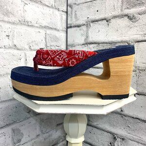 Vintage Y2K Square Toe Platform Denim Chunky Faux Wood Red Wedge Sandal